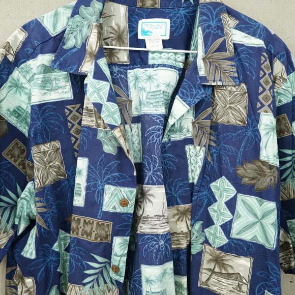 Vintage Hawaiian Shirt Pride of Hawaii Mens 2XL Palm Trees Ships Huts Pattern - Picture 3 of 6